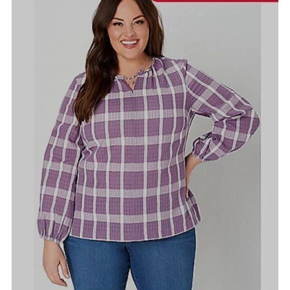 💕NWT Cj Banks 2X Purple Textured Plaid Missy Popover top - Picture 1 of 9